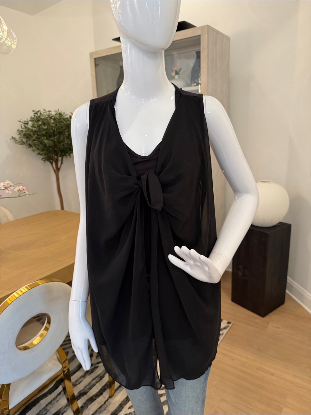 Sleeveless Black Tie-Front Chiffon Overlay Top